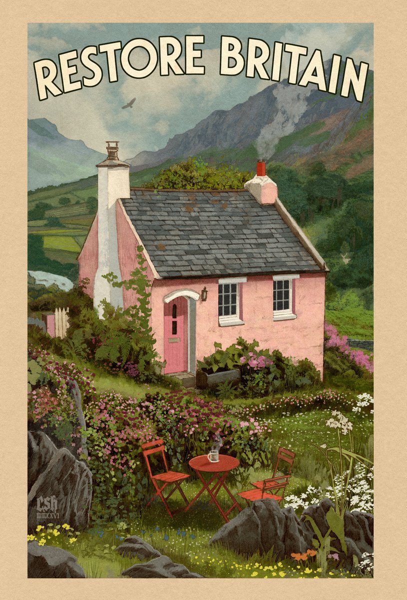 hall_sloan's tweet photo. 'Lake District cottage', The second finished painting in a series of posters I'll be doing in the style of the old rail adverts for @RestoreBritain_ https://t.co/TYbZsTDTkh