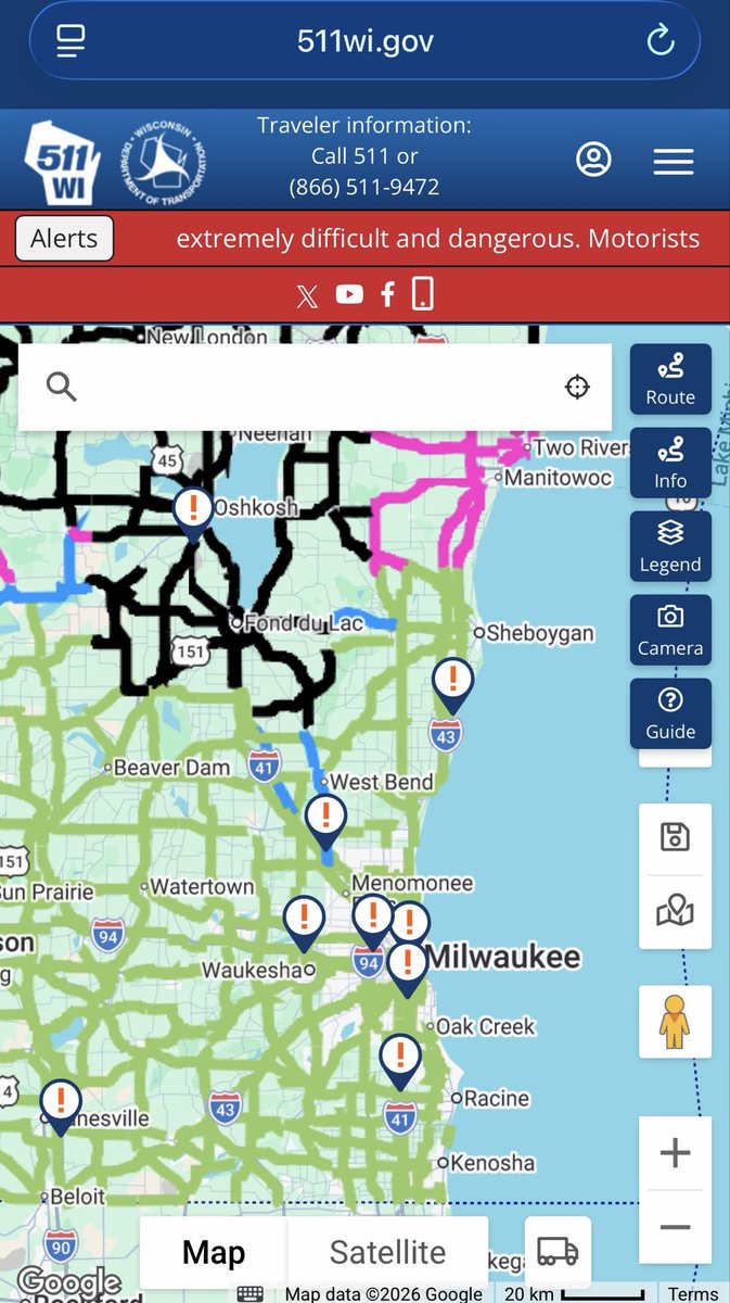 12:30pm Sunday: Very rainy with some rumbles today. Travel not advised in Fond du Lac county with icing. The radar and traffic map are posted. The storm has shifted SOUTH. This means no 50s today, more icing north. Then we will see a faster temp drop tonight with icing followed