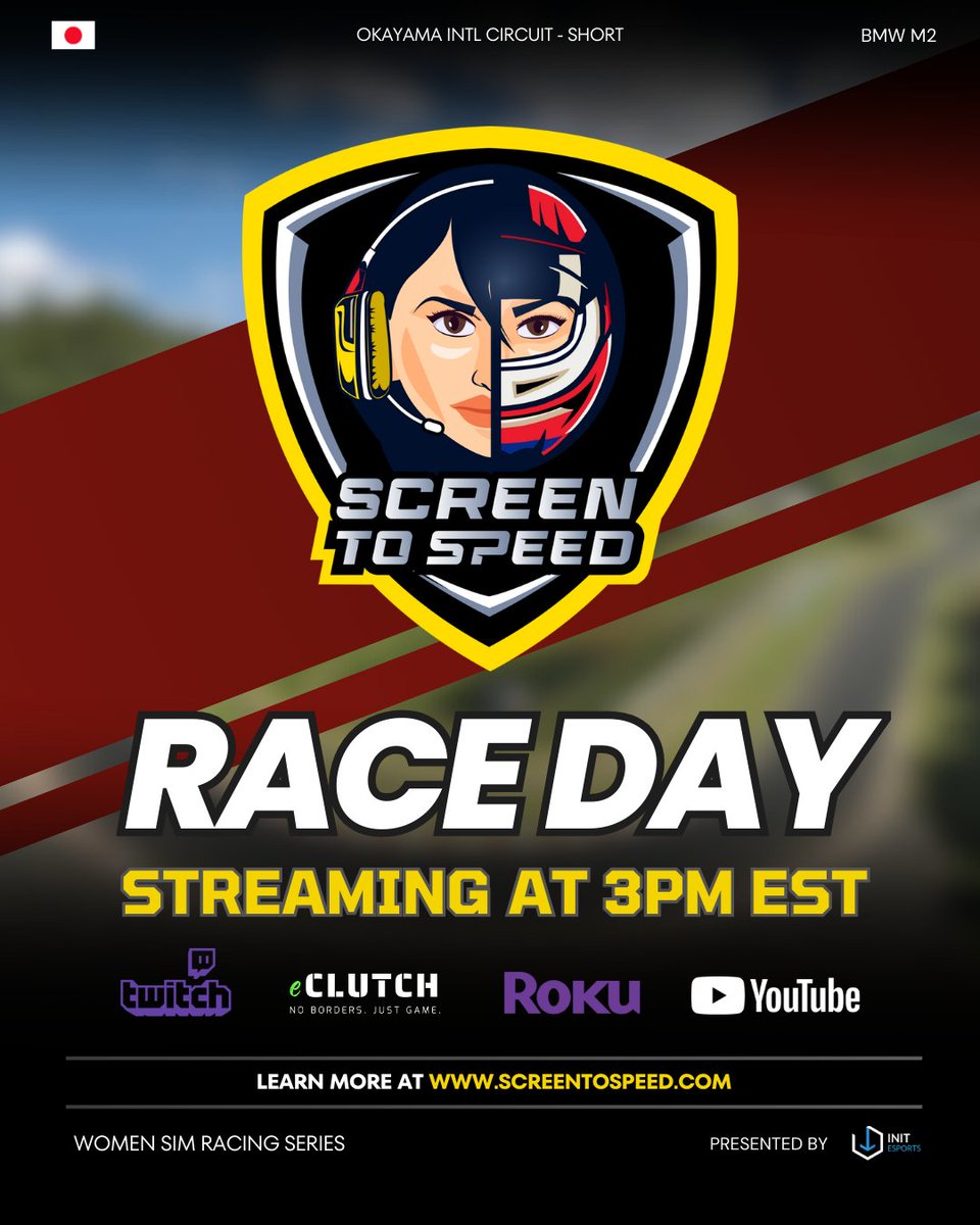 init_esports's tweet photo. 🚨 RACE DAY 🚨

The Screen to Speed Women’s Sim Racing Series goes live today at the Okayama International Circuit.

Watch the action unfold at 3PM EST on:
Twitch • eClutch • Roku • YouTube

Don’t miss it.
Learn more 👉 https://t.co/dM2BdINr4k

#simracing #screentospeed https://t.co/vlsWtE1Oio