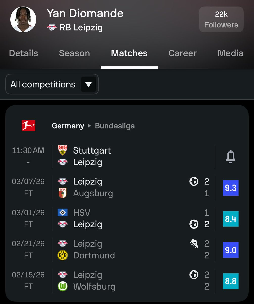 kalelgoff's tweet photo. Yan Diomande’s form in the last four games for RB Leipzig has been incredible. 

Diomande is in the starting lineup for Leipzig as they are set to face Stuttgart.
#VFBRBL #Bundesliga https://t.co/hqzuFQePL9