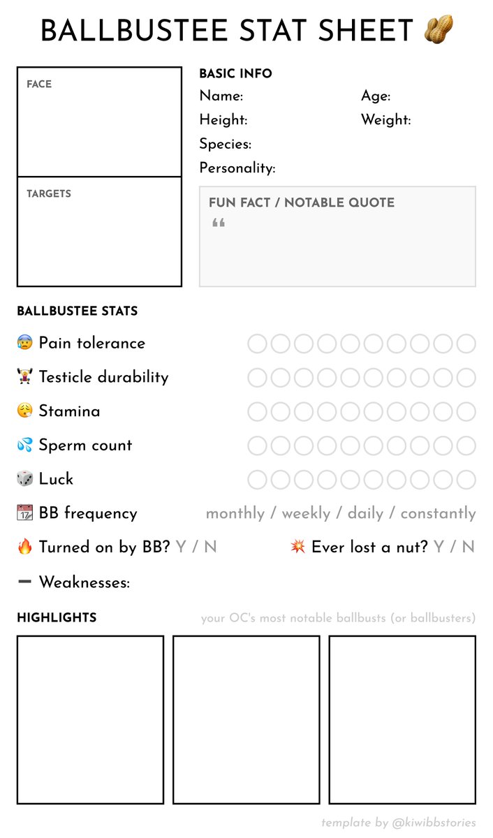 kiwiBBstories's tweet photo. Here's a brand-new pair of templates for #AprilJewels 2026, for anyone who wants a new option!

Fill out a stat sheet for your favorite ballbuster/ballbustee, and show off some of their most memorable BB moments. Make new art, or reusing existing art – it's up to you! https://t.co/VZKBhN3BWp