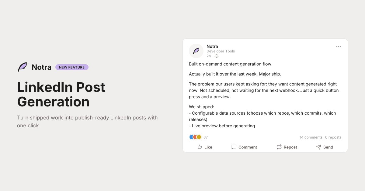 Generate LinkedIn Posts!🎉

Notra now allows you to generate LinkedIn posts from existing data like your recent GitHub release!