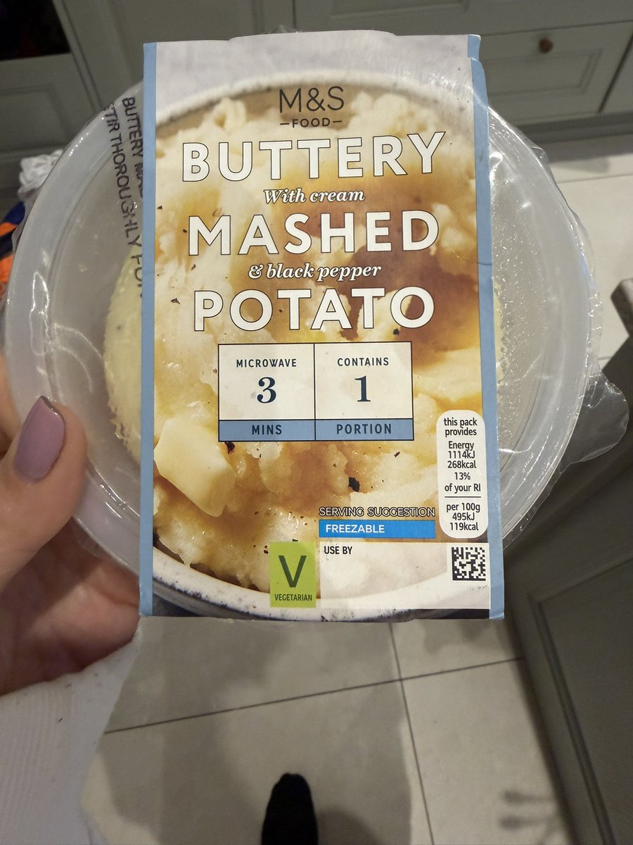 Got my <a href="/Ocado/">Ocado</a> this week which included <a href="/marksandspencer/">M&S</a> mashed potato. Went to check the use by date….there isn’t one! Any guesses 🤣😭