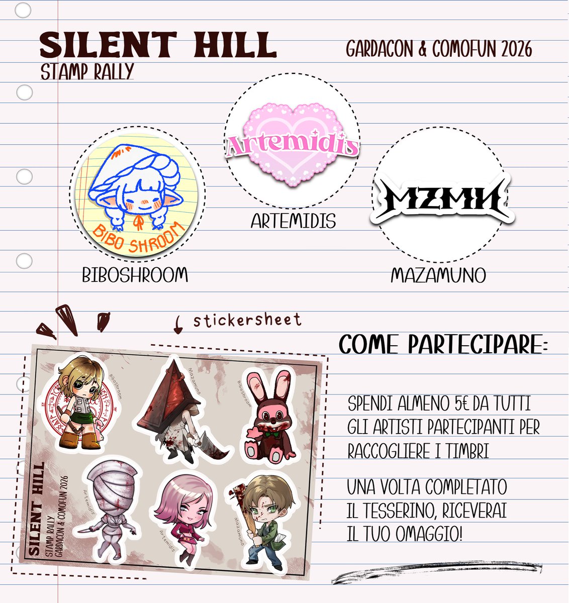 Silent Hill Stamp Rally!!
Durante Gardacon e Comofun potrete partecipare al nostro stamp rally! 🌸
Dopo aver raccolto i timbri da me, <a href="/arte_midis/">artemis</a>  e <a href="/mazamuno/">MAZA</a> potrai ricevere in omaggio uno sticker sheet esclusivo 💖 
Venite a trovarciiii 💖
