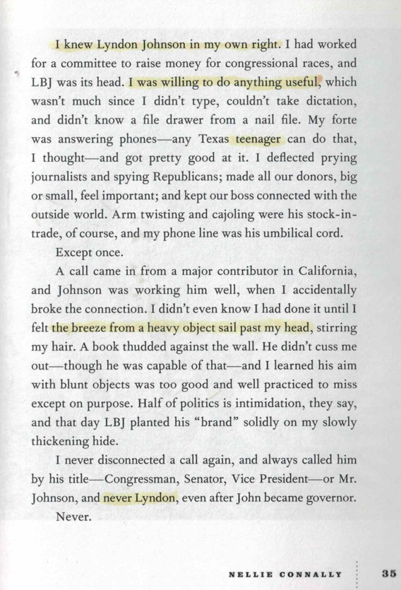 Joely369's tweet photo. Nellie Connally worked for LBJ before she met John Connally, when she was still just a teenager named Nellie Brill.
He threw a book at her.
- From Love Field (2003) Page 35
#JFK #PrimarySources #TexasHistory #Idanell https://t.co/vaUwWs2Rxl