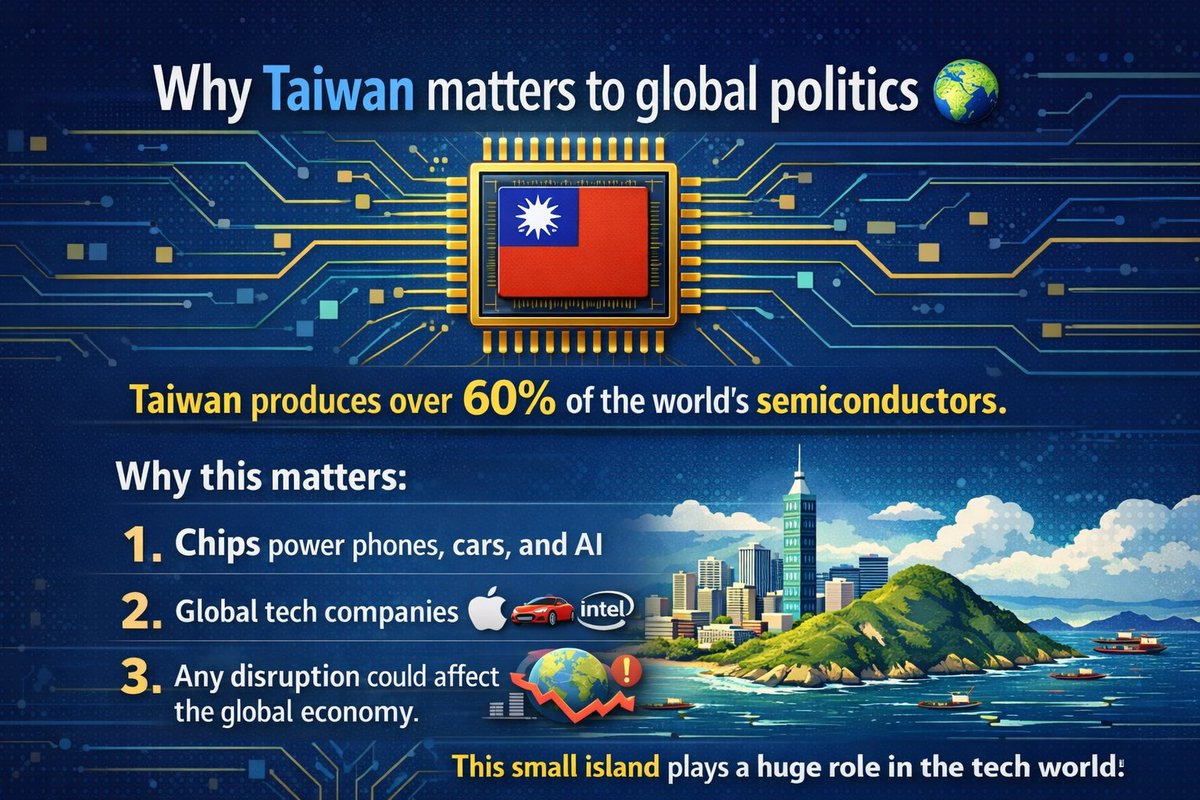 deepika_marathe's tweet photo. Why Taiwan matters to global politics 🌏

Taiwan produces over 60% of the world’s semiconductors.

Why this matters:

1. Chips power phones, cars, and AI
2. Global tech companies depend on them
3. Any disruption could affect the global economy https://t.co/hYOqg2MDPn