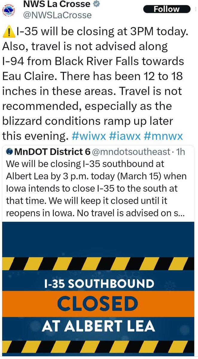 3/15 12:30pm ⛔ I-94 West CLOSED beyond Ramp from WIS 95 to US 10 because of snowy/icy roadway.

Significant snowfall and reduced visibility have resulted in several impassable roadways making travel in some areas extremely difficult and dangerous. 

 511wi.gov