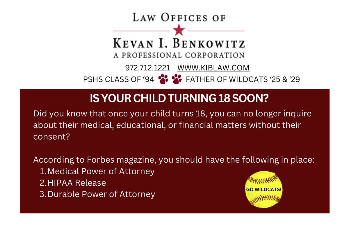 🐾 Homerun Sponsor - Law Offices of Kevan Benkowitz🐾

Do you have a child, grandchild, neighbor, or friend turning 18? Now is a great time to reach out to Kevan to get documents in place! He has worked with families in the surrounding area and can provide additional services!