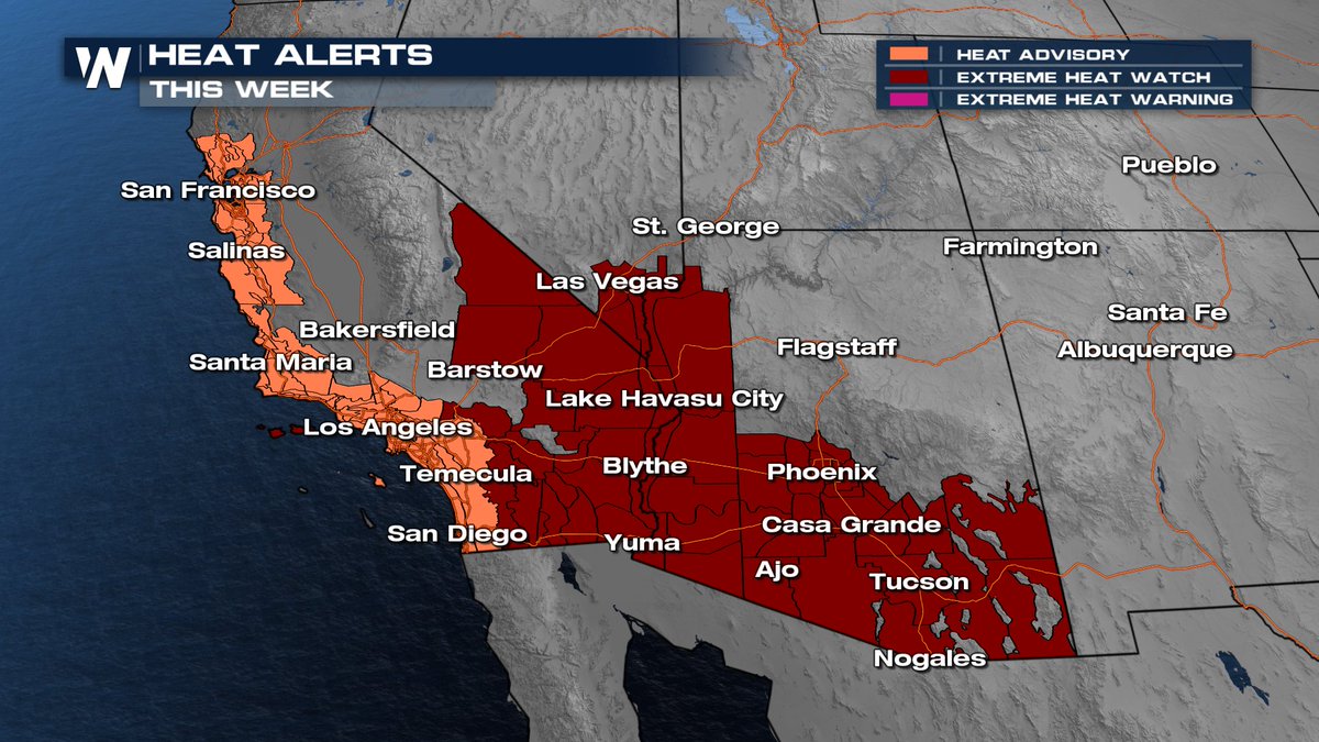 WeatherNation's tweet image. WESTERN HEAT WAVE: Yes, you read that correctly. Record-smashing heat is building across the West, with extreme heat watches and heat advisories in effect for parts of California and Arizona. Los Angeles could see 3 days above 100° this week! #CAwx #AZwx