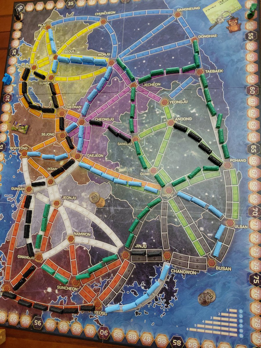 tompeske's tweet photo. Today's game play was Ticket to Ride South Korea (flip side to Iberia). We played at three players and it was very tight. I admit that while playing we look for cities we see in Kdramas. ##boardgames ##tabletopgames https://t.co/CRYfCtED9E