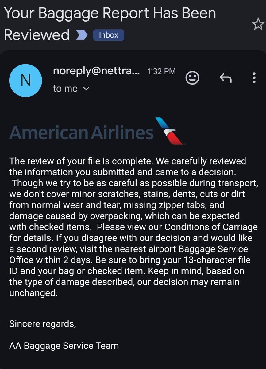 GreatScott124's tweet photo. @AmericanAir how can you deny a damaged baggage claim due to a snapped off wheel when even in your own description it doesn't call out the fact that you snapped off a wheel?! Is this "normal wear and tear" when it was fine when I gave it to the gate agent? https://t.co/wBELXf4urk