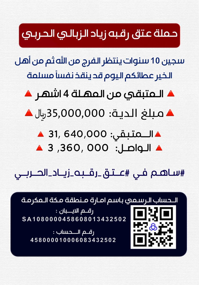 اللهم سخر لزياد كل من وليته أمره ، اللهم سخرله عبادك الصالحين ساهمو معنا بما تجود به انفسكم وبالنشر للتغريدة #عتق_رقبه_زياد_الحربي
