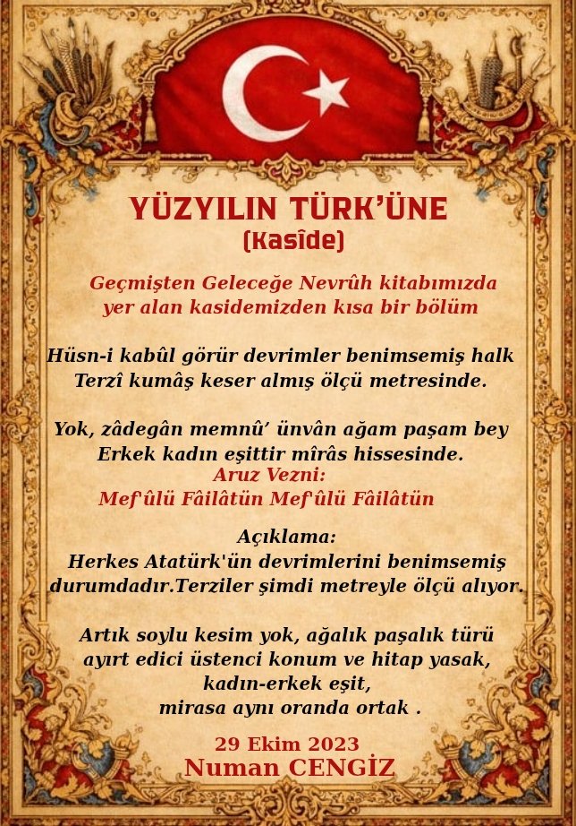 numancengizhan's tweet photo. #YÜZYILINTÜRKÜNE kasidemiz #GeçmiştenGeleceğeNevrûh kitabımızda.
#YeniNesilAruz #Atatürk #Devrimler #İlke #İnkılap #CumhuriyetDivanı
#NumanCengiz https://t.co/C6q3KU993y