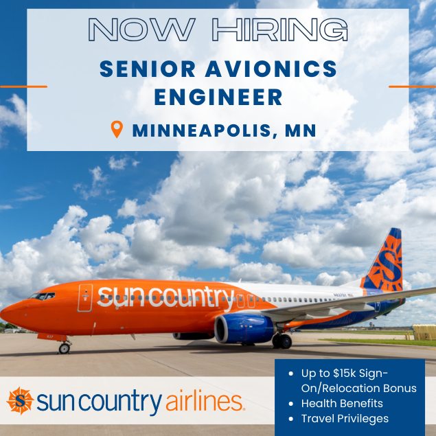 jsfirmEngineer's tweet photo. Sun Country Airlines is seeking a Senior Avionics Engineer in Minneapolis, MN.

✴️ Up to $15,000 Sign-On/Relocation Bonus
✴️ Travel Privileges for Employee, Friends, and Family
✴️ Airline Service Mix: Cargo, Charter, Passenger

Apply here ➡️ https://t.co/wxnOqyDhCp https://t.co/69f7eejNtu