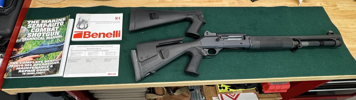 TechnoHal's tweet photo. For Sale: Benelli M4 (Excellent Condition)
 <200 rds fired.  Original + upgrades, manual &amp; registration card included.  $1,850 neg.
Florida residents — transfer through buyer’s FFL.
#BenelliM4 #Benelli #12Gauge #Firearms #2A #GunSale #FloridaGunTrader https://t.co/6afL2jAYak