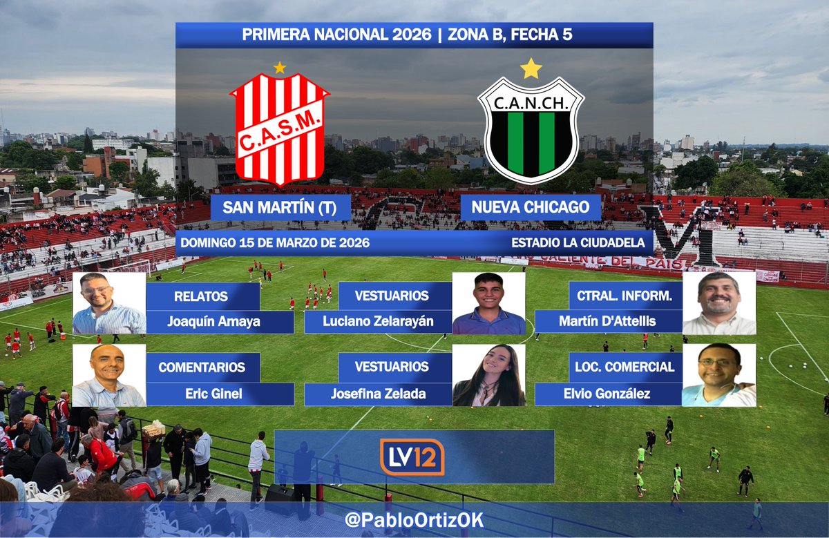 PabloOrtizOK's tweet photo. #PrimeraNacional🇦🇷 | #SanMartínTuc vs. #NuevaChicago
🎙️ Relata: @HJoaquin18
🎙 Comenta: Eric Ginel
📔  Vestuarios: @zelarayan18_ y @jose_zelada
🎧 Central Informativa: @MartinDattellis
🗣️ Locución: Elvio González
📻: @LV12TUC
@el_deportivo12 https://t.co/MwDUymOnHc