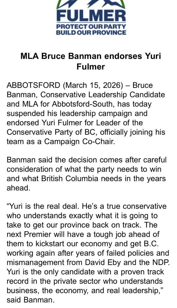 JasJohalBC's tweet image. MLA Bruce Banman endorses Yuri Fulmer #bcpoli  #vanpoli