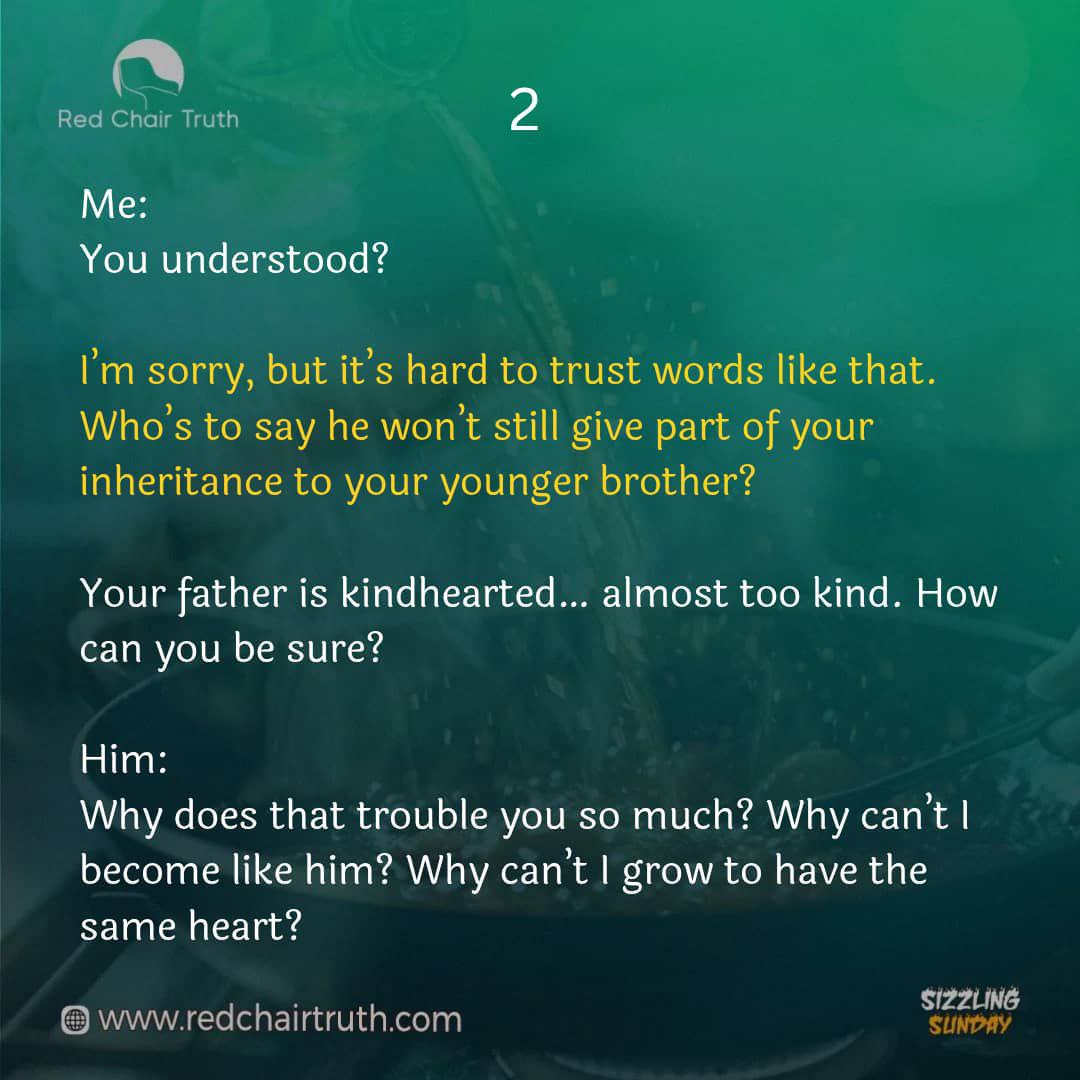 redchairtruth1's tweet image. He stayed. He worked. He obeyed. Yet the sound of celebration revealed something buried deep within him. Sometimes a person may remain in the Father’s house for years… and still not share the Father’s heart. 
Join today’s Sizzling Sunday reflection.

#RedChairTruth #RCT #ItaUdoh