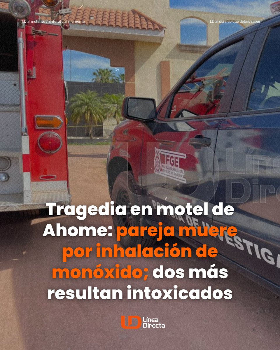 linea_directa's tweet photo. 🚨 Tragedia en motel de #Ahome: pareja muere por inhalación de monóxido; dos más resultan intoxicados ☣
Este trágico hecho ocurrió en un motel ubicado sobre la carretera Los Mochis–Villa de Ahome, cerca del ejido Macapule.
#Policiaca #Tragedia #Intoxicados #Sinaloa #Noticias https://t.co/5oCqZMqd01