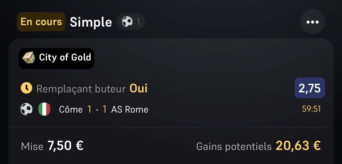 ⚽️ Remplaçant Côme ⚽️✅, on va vibrer sur le petit combi 2 remplaçants.. mais celui là est pris 

⚽️ Remplaçant Côme 2,75 ⚽️✅