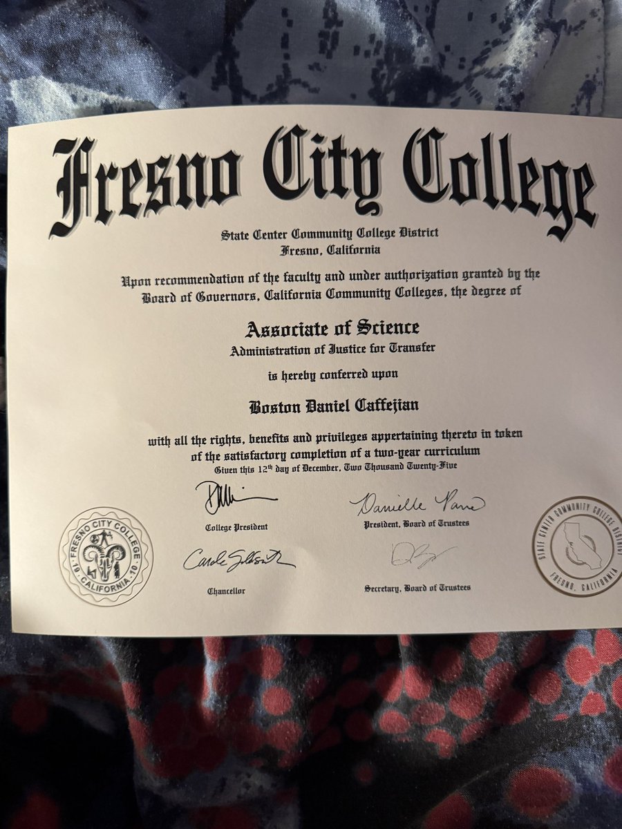 Sir_bostonian's tweet photo. I finally did it! I got my associates degree and I will be graduating from Fresno city college just like my grandpa. I’m graduating with a 2.8 gpa and I will be transferring to Fresno state god is good. #godisgood #degreelife #classof2025 https://t.co/DeWwApbvoA