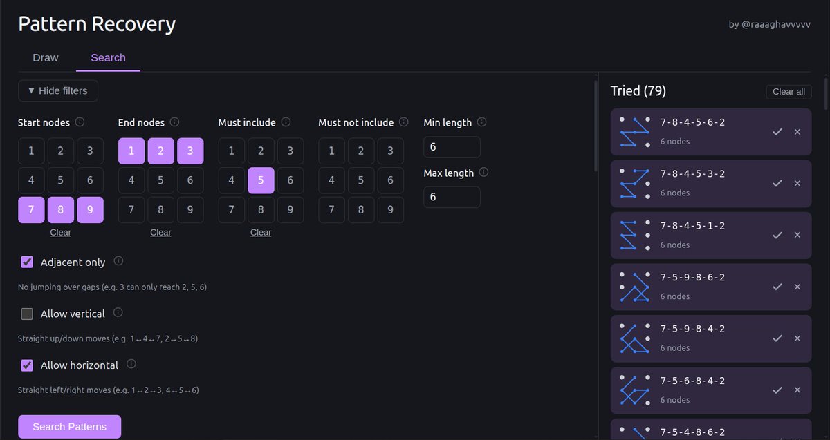 raaaghavvvvv's tweet photo. Instead of factory resetting my phone after forgetting my pattern lock...

vibe Coded a tool to brute force my own memory

389,112 possible patterns → filtered → found it in ~90 tries (muscle memory hit different)

Try when in need:⁠-⁠)
https://t.co/JJKJzPUqG5 https://t.co/5PWn4bOyTt