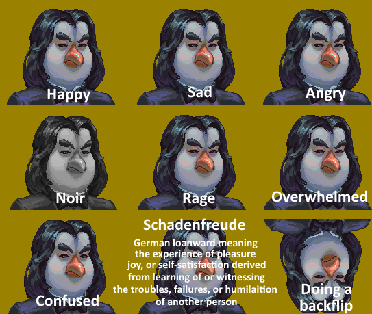 Animansion_game's tweet photo. I’ve heard some rumors saying Oswald isn't 'expressive' enough. I’m afraid you just haven't witnessed the full range of his emotional depth yet.

Behold: The many faces of Oswald. 🐧

#IndieDev #GameDev #PixelArt https://t.co/gWzDJRNac1