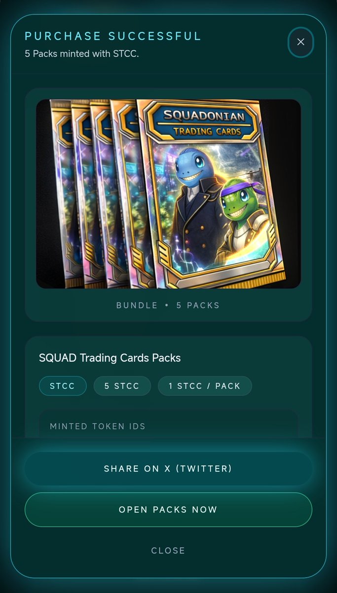 AsherLand's tweet photo. Just minted 5 SQUAD Trading Cards Packs on #VeChain ⚡️
#SQUADTC #TurtleLabs https://t.co/87O4AbbvyD