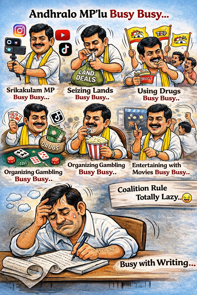 శ్రీకాకుళం Mp... రీల్స్ లో బిజీ  బిజీ..

విశాఖపట్నం ఎంపీ.. స్థలాల కబ్జాలో బిజీ బిజీ 

ఏలూరు ఎంపీ.. డ్రగ్స్ వాడకంలో బిజీ బిజీ

విజయవాడ ఎంపీ... పేకాటలో శిబిరాల ఏర్పాట్లలో బిజీ..

గుంటూరు ఎంపీ.. సినిమాలు చూపిస్తాను..అనడంలో బిజీ..

మచిలీపట్నం ఎంపీ.. జెండాలు ఎగరేసి గొడవలు సృష్టించడంలో