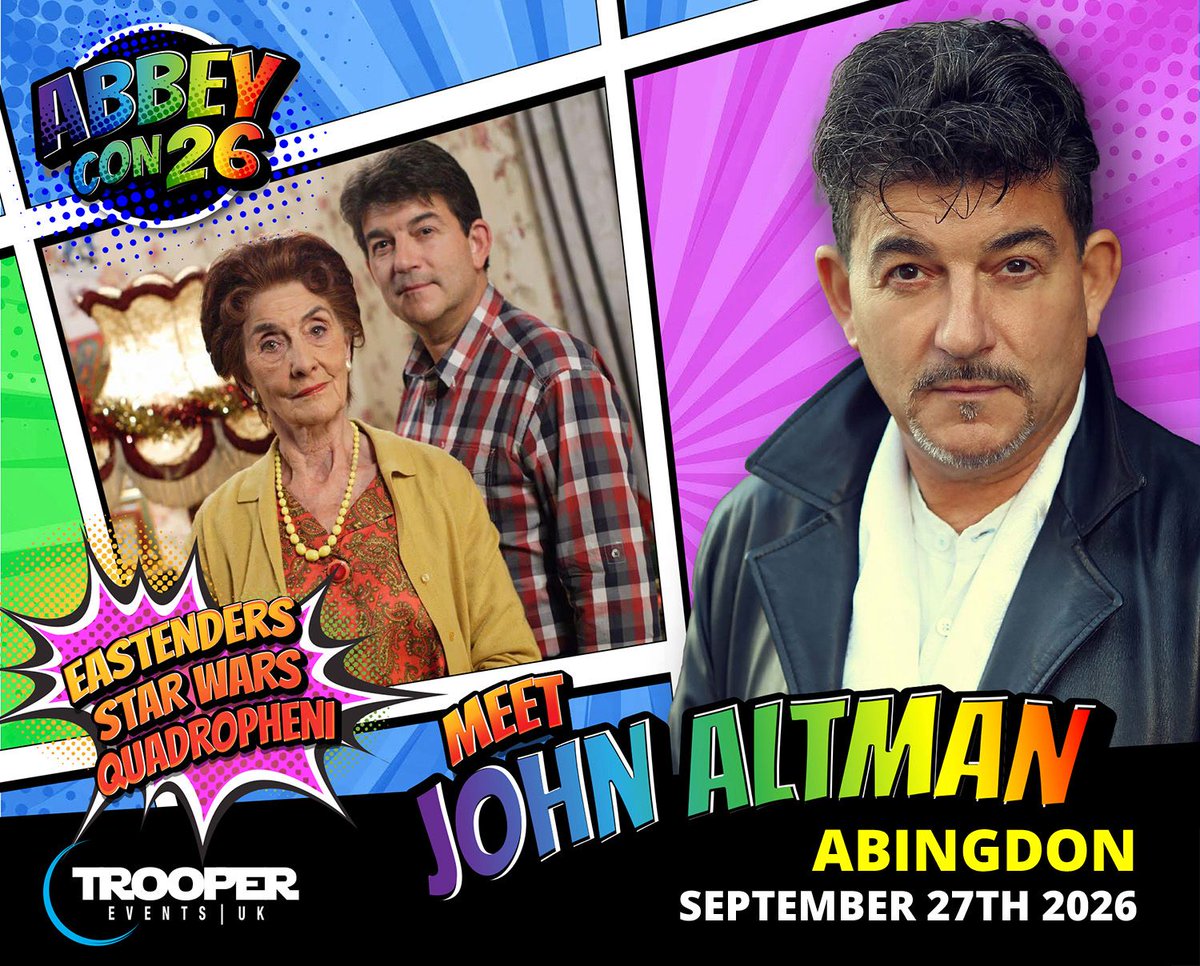 TrooperEventsUK's tweet photo. 📣 Abbey-Con 2026 Guest Announcement 📣

We’re excited to announce that John Altman will be joining us at Abbey-Con 2026! 🎉

John is best known to millions of viewers for his iconic role as the notorious Nick Cotton in EastEnders — one of the most memorable villains https://t.co/c1f1mtTbqd