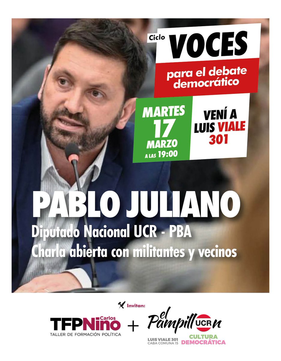 ElPampillonUCR's tweet photo. 🇵🇱 Vuelve el ciclo "Voces" Este martes 17 de marzo a las 19:00 nos juntamos en la esquina más Radical de Villa Crespo para charlar con @pablojulianolp sobre la coyuntura y las perspectivas para este 2026. https://t.co/kt8gBg516k