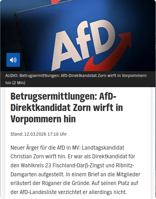 AfD in MV: Kandidat Zorn wirft nach Verurteilung zu Betrug und Führerscheinentzug wegen Trunkenheit am Steuer hin, aber nur im Wahlkreis. Auf der Landesliste bleibt er. Es geht darum sich den Staat zur Beute zu machen, aber nicht um Politik.

#ChristianZorn #MV #AfD #ltwmv26