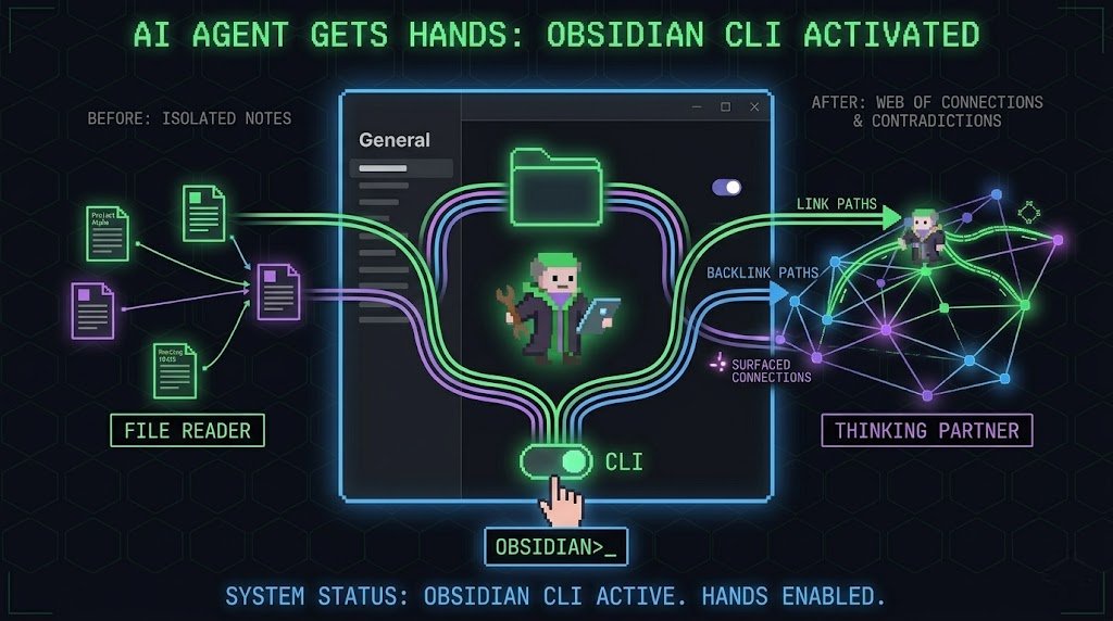 Obsidian CLI. One setting that gives your AI agent hands.

Go to Settings -> General -> scroll to the bottom -> find Command line -> enable it.
That's the entire setup.

> Two ways to use it:

For manual control: open your terminal, type Obsidian Help. You'll see every available