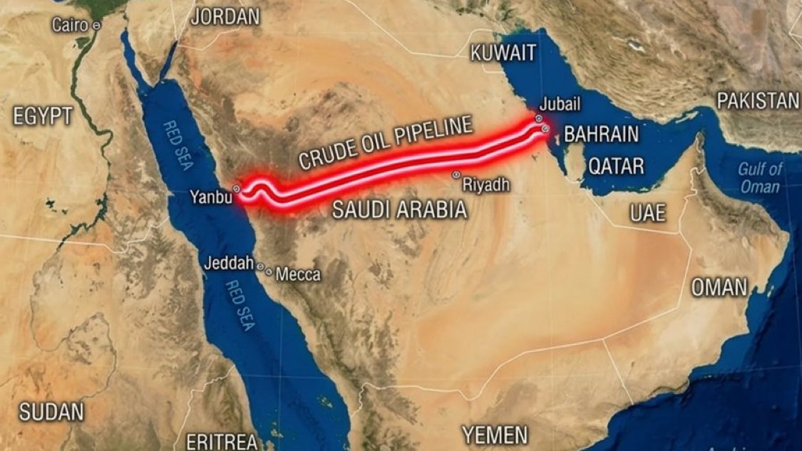 🚨 ARABIA SAUDITA YA VEÍA VENIR ESTA MIERDA HACE 45 AÑOS

Mientras el mundo entero entraba en pánico por el estrecho de Ormuz,

Arabia Saudí tenía listo un oleoducto de 1.200 km.

Desde el Golfo Pérsico directamente hasta el Mar Rojo.

Evitando por completo el uso de Hormuz.