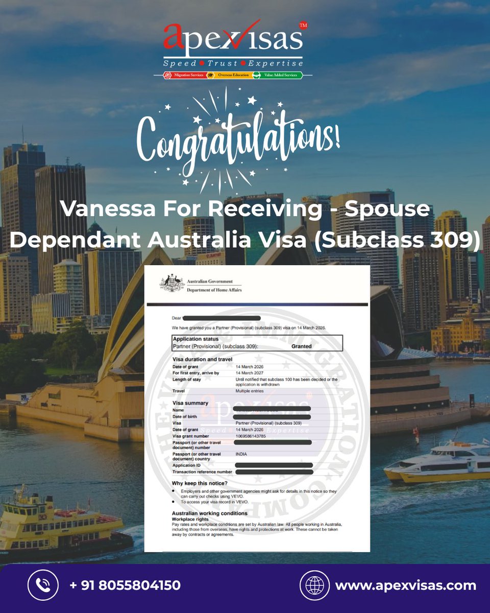 VisasApex's tweet image. 🎉 Congratulations Vanessa on receiving the Australia Spouse Dependent Visa (Subclass 309) 🇦🇺

Another successful visa milestone with Apex Visas.

🌐 apexvisas.com
📞 +91 8055804150

#AustraliaVisa #Subclass309 #VisaSuccess #ApexVisas #AustraliaImmigration 🇦🇺
