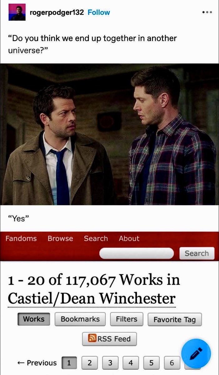 casdeanlyric's tweet photo. we’ve created thousands of universes that even god couldn’t #destiel https://t.co/6C6DPZEbAR