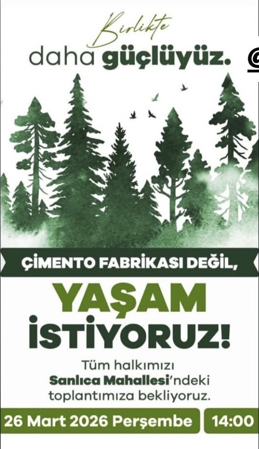 🌲 Bir takipçimizden:

“Tarsus’ta Bolkar dağlarının kızılçam ormanlarına çimento fabrikası yapılmak isteniyor. Yörüklerin tarım ve hayvancılık yaptığı topraklar yok edilecek!”

Bu sesi duyuralım. 📢

📅 26 Mart 2026 – 14:00
📍 Sanlıca Mahallesi, Tarsus

tarsusakdeniz.com/haber-muhtarla…