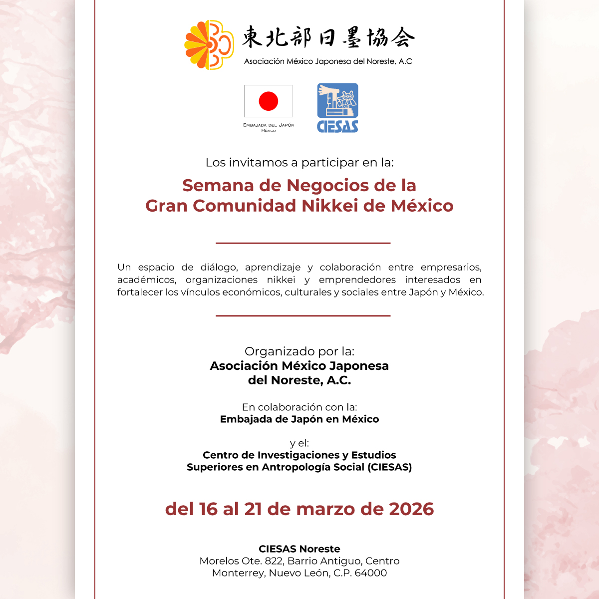 CIESASNoreste's tweet photo. 🇲🇽🇯🇵 Monterrey será sede de la Semana de Negocios de la Gran Comunidad Nikkei de México, un encuentro para impulsar el diálogo y fortalecer vínculos entre México y Japón..
📍 CIESAS Noreste
📅 16–21 de marzo de 2026 https://t.co/zkUwtNkwoy