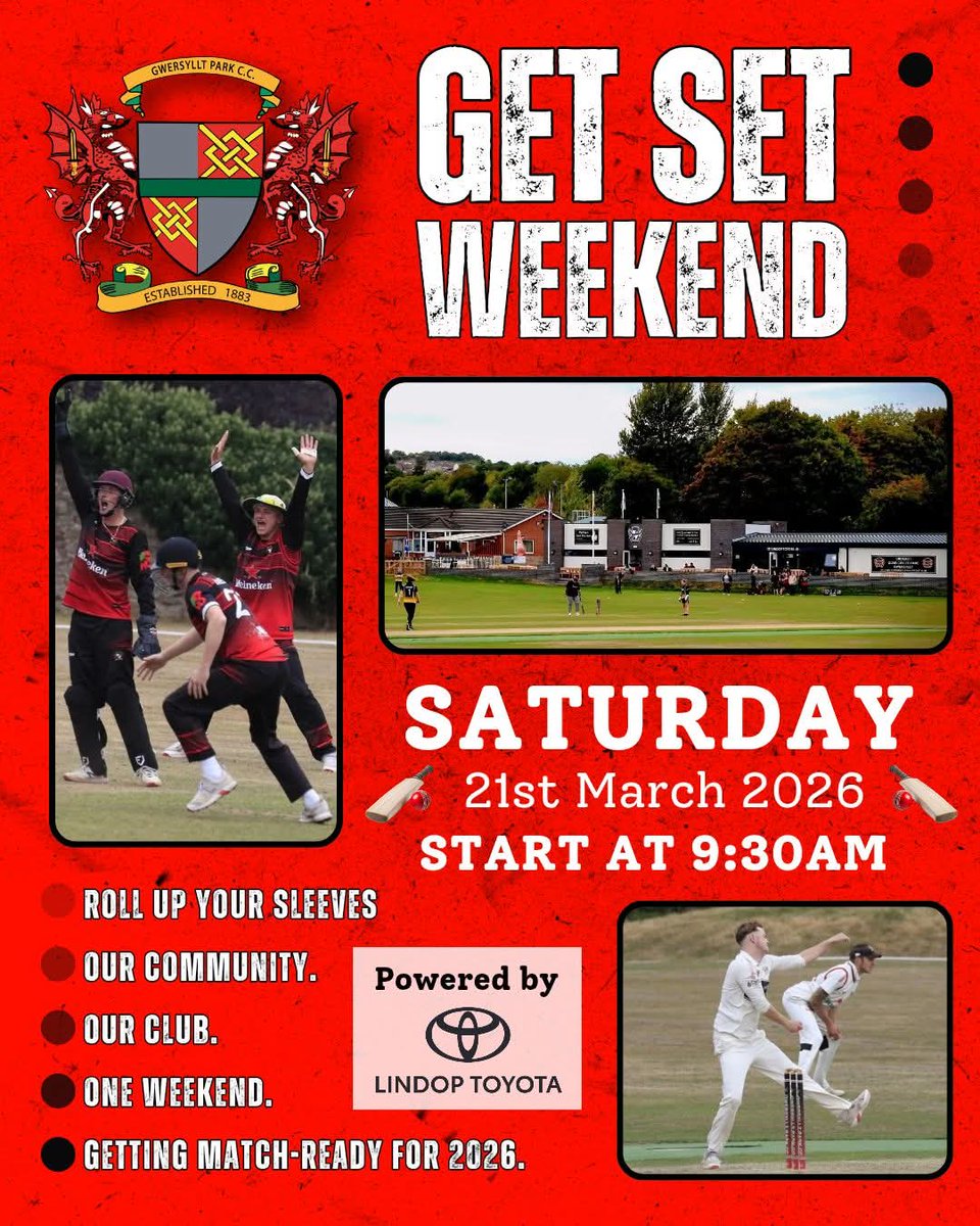 GwersylltParkCC's tweet photo. GET SET WEEKEND – Almost Here! 🏏

Join us at GPCC next Saturday, 21st March from 9:30am as we get the club ready for the 2026 season! ✨

Whether you can spare an hour or the whole morning, every helping hand counts.

Our club ❤️ Our community 🖤 Let’s make it shine for 2026 ⚪️ https://t.co/914eOHq6dq