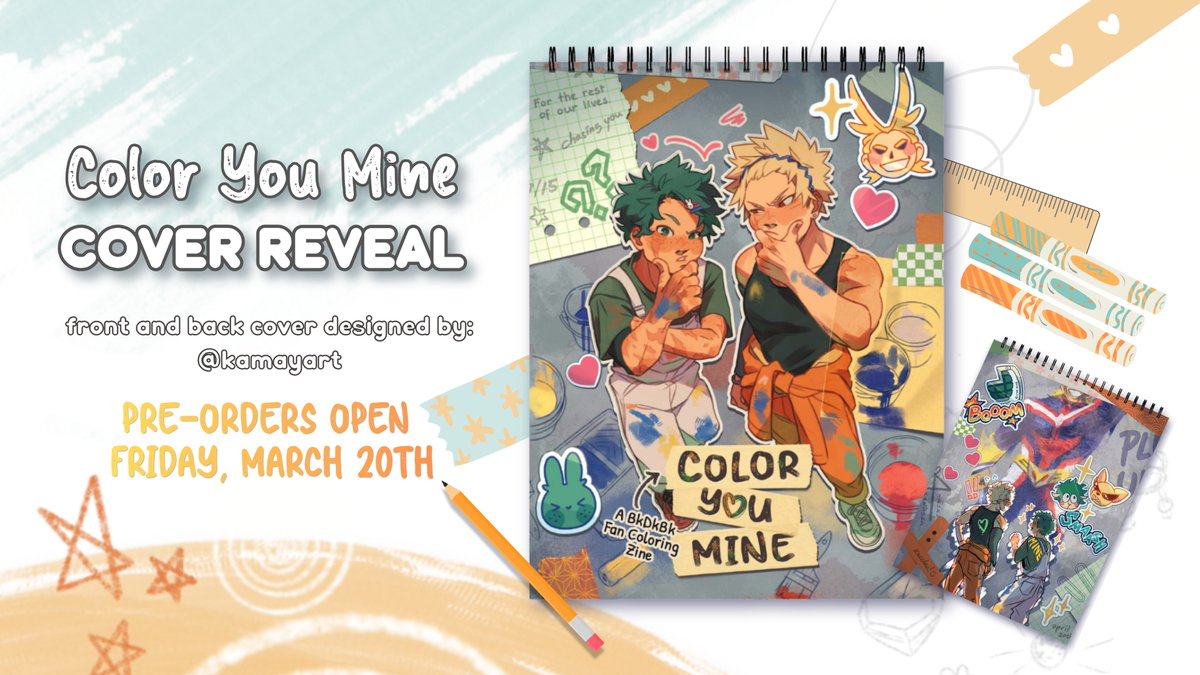 ✨COVER REVEAL✨

Clutching our pearls and markers over this incredible cover design by <a href="/kamayart/">Jas 💥</a>. Our front &amp; back cover illustrates Bakugo and Izuku working together to paint a vision of hope and victory! 

Pre-Orders open Friday, March 20th! #bkdkbkcoloryoumine #bkdkbk