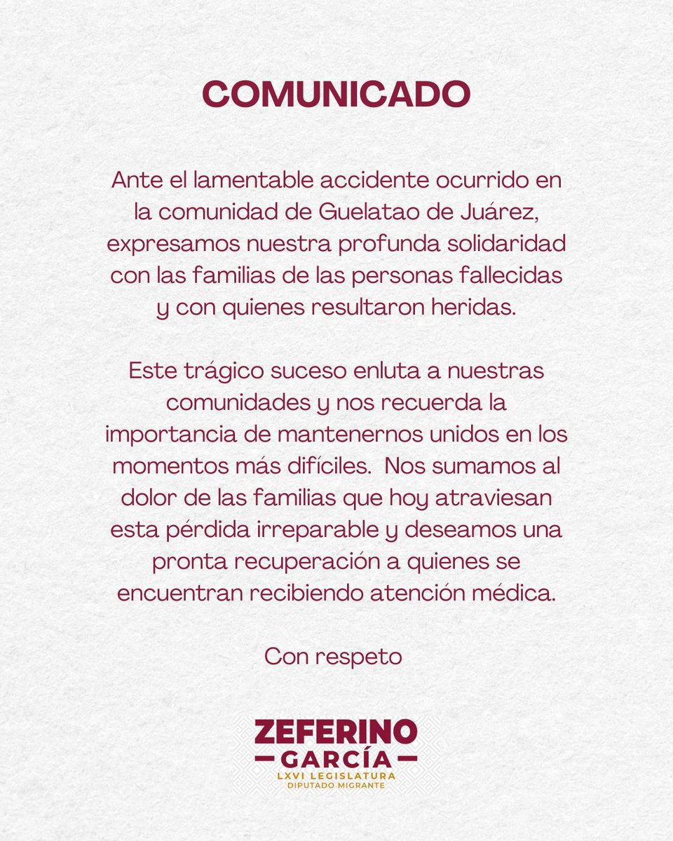 Expreso mi más profunda solidaridad y acompañamiento ante el lamentable accidente ocurrido en Guelatao de Juárez.
