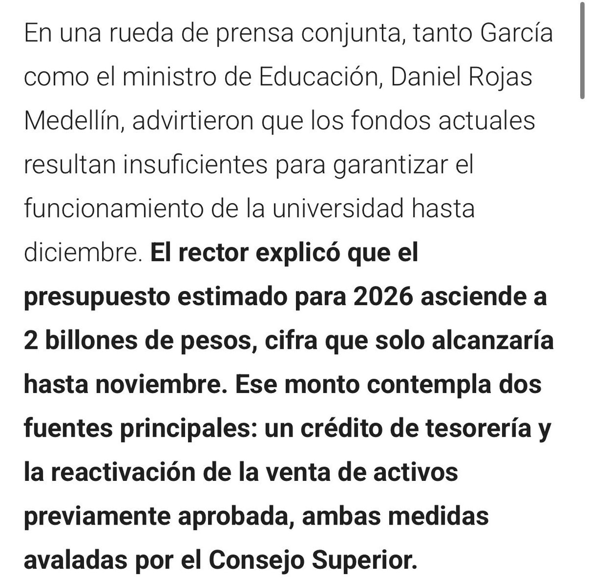 <a href="/DanielRMed/">Daniel Rojas Medellin</a> <a href="/petrogustavo/">Gustavo Petro</a> Señor ministro, que extraño que diga eso, cuando el rector que ustedes pusieron, dijo en una rueda con su acompañamiento, que sólo hay dinero hasta noviembre, y en las Asambleas docentes se dice lo mismo.
 ¿Quién miente?