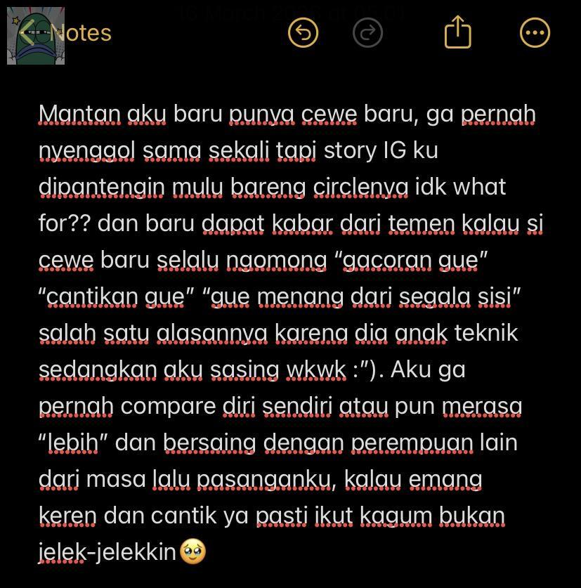 💚 Ternyata fakta ya kalau musuh sesama perempuan adalah perempuan itu sendiri :”) btw aku dari awal putus udah ga mutualan sama mantanku di semua socmed, sama sekali ga ada nyenggol tapi masih diginiin🙂