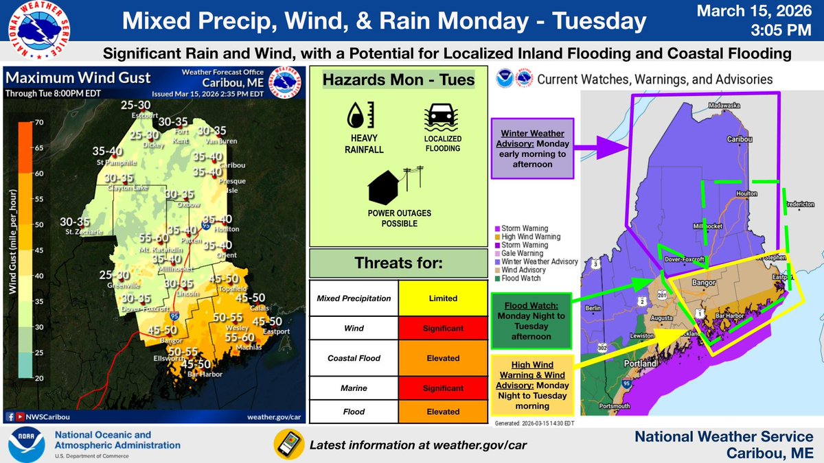 Updated hazards. Mixed precip Mon. morning, impacting morning commute. Changing over to rain during the day. High winds Mon. night into Tues. morning. Rain and snowmelt could cause small stream flooding and ice jams. High seas over coastal waters Tuesday. #MEwx #Maine