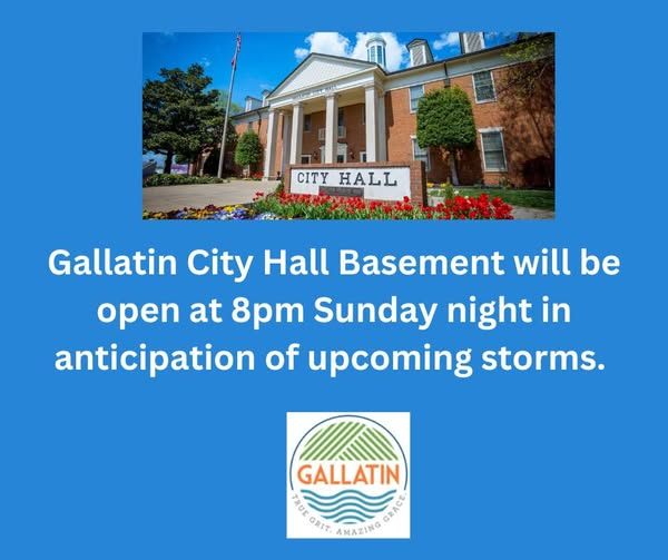 SumnerSevereWx's tweet photo. Important! "The Gallatin City Hall basement will be open at 8pm Sunday night in anticipation of upcoming storms. Anyone wishing to seek shelter in the building is advised to bring any supplies or medication that may be needed. The building will remain open until the weather threat has moved out of the area."