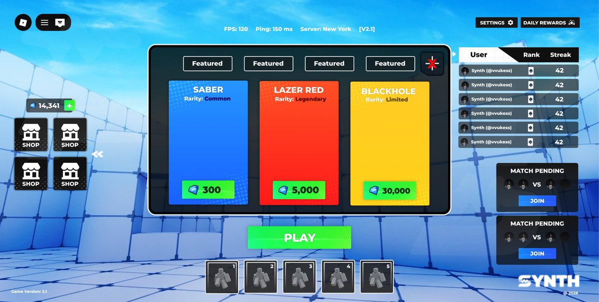 SynthRBLX's tweet image. Arena UI (Repost)
Commission me at synthsportfolio.framer.website  Discord: discord.gg/uKQhfCHHNG 
#start #Roblox | #RobloxDev | #RobloxUI | #RobloxArt | #RobloxGFX