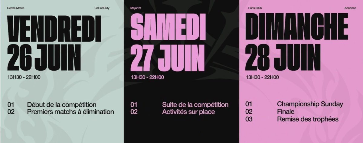JumpShotFrance's tweet photo. 🏟️ Direction la Défense Arena dès le 26 juin ! 

🗓️ Le Major IV se déroulera finalement sur 3 jours (matchs de 13h à 22h) 

🎟️ Ouverture de la billetterie le 27 mars

💰 Prix d’entrée : dès 25€ 

L’arène sera divisée pour accueillir simultanément la @CODLeague et les Challengers ⚔️

#CDL2026  #M8WIN
