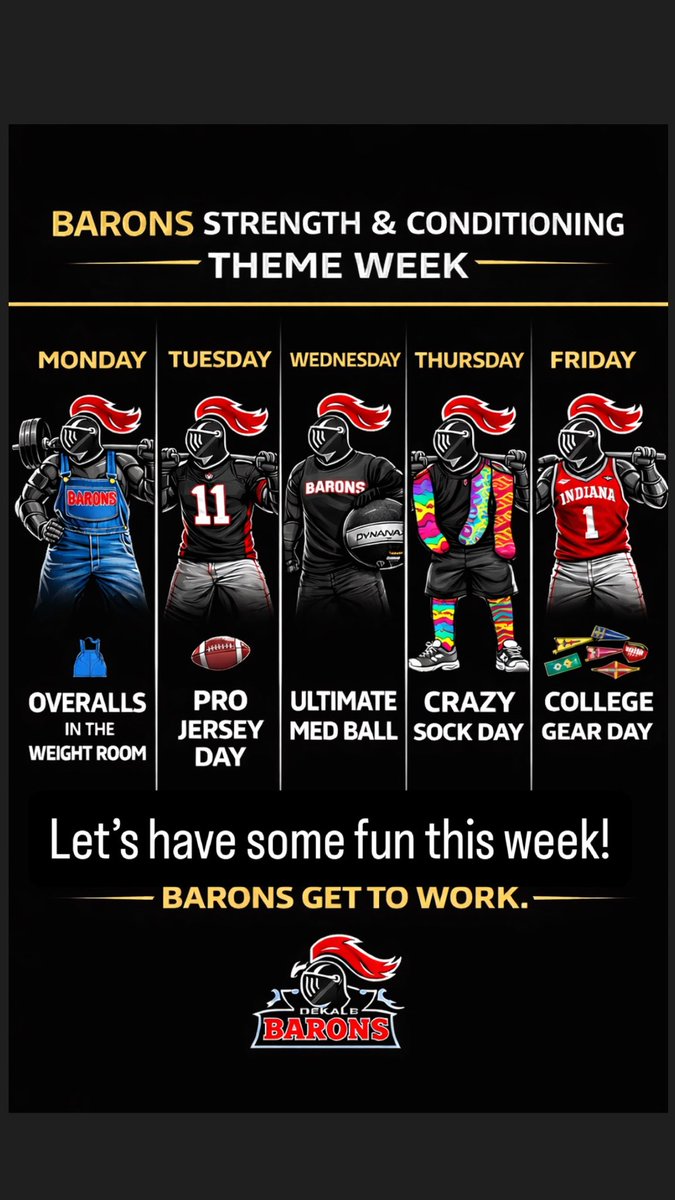 DHS_SandC's tweet photo. Theme week in the weight room.

👖 Overalls
🏈 Pro Jerseys
🏐 Ultimate Med Ball
🧦 Crazy Socks
🎓 College Gear

The outfits might change…

The work doesn’t.

Barons get to work. https://t.co/lBgFf071Fs