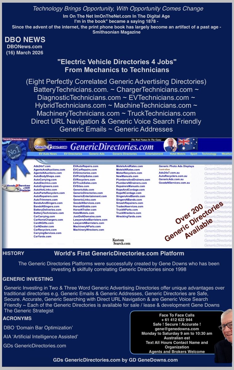 GenericDirecto1's tweet photo. The Generic Directories Platforms were successfully created by Gene Downs who has been investing &amp; skilfully correlating Generic Directories since 1998 > The Future of Al-Powered Generic Directories and EV Directories - Gene Downs The Generic Strategist > https://t.co/fh014vCNkC