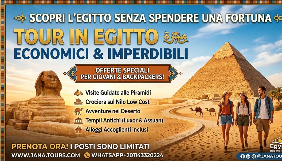 Piramidi, Nilo e faraoni. 🐫✨
Tutto incluso. Prezzo basso. Realtà.
Scopri i nostri Egypt Budget Tours con voli e guide in italiano.
👉 [bit.ly/3YWNcvL]
#Egitto #VoliLowCost #Viaggi